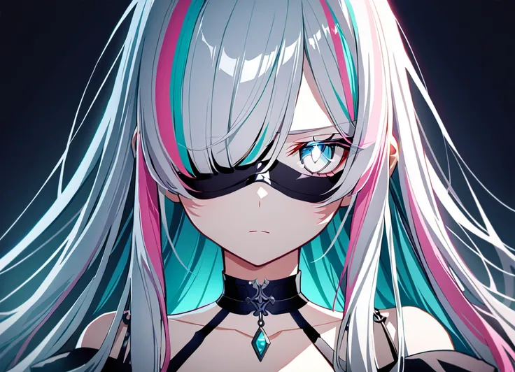 a girl, long hair, covering one eye, white hair, silver eyes, off shoulder, gothic lolita, choker, solid white background, looking at viewer, cute, front view, hair over one eye, straight hair, multicolored hair, neutral, disappointed, silver hair, aqua ha...