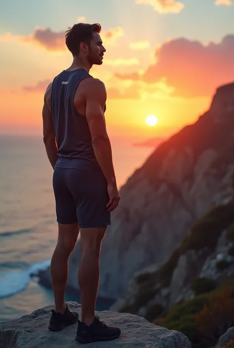 Realistic image of the coastal view of a handsome man wearing fine sportswear on the cliff facing the sunrise, looking at the sunrise, Empowering, inspirational, Atmospheric Soft and warm light, Highlighting the horizon, Coast Perspective, Focusing on your...