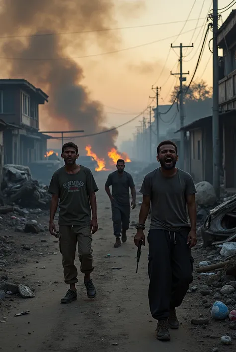 War violence two community real picture in road with force burning home and car realistic photo many man are crying
