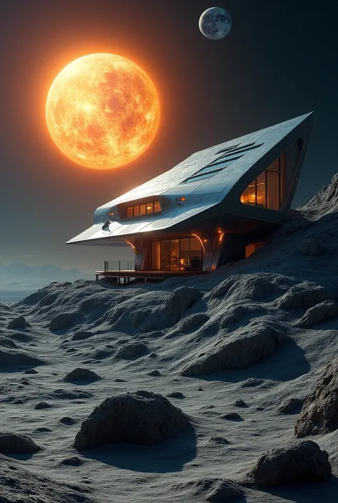 House on moon realistic  with amazing sun view