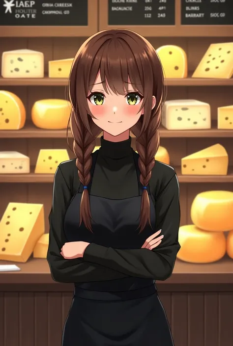 Une fromagères denviron 23ans avec les cheveux long brun avec des couettes tresser et une frange droite elle est habillier toute en noir avec un tablier. Elle est en train de vendre dans sa boutique devant une vitrine de fromage de chevre. La boutique est ...