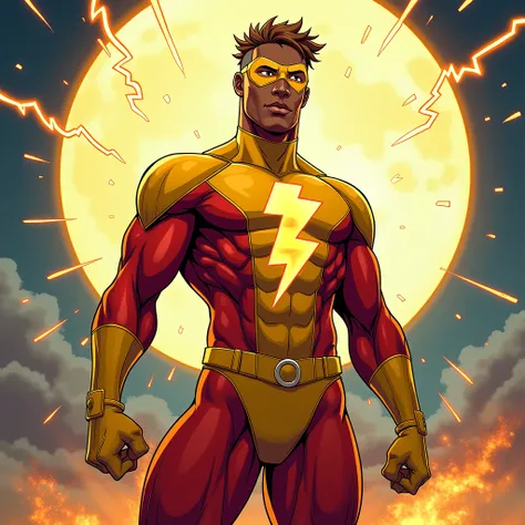  colorful comic-style scene with a young male black American superhero (wally West)standing in a powerful yet contemplative pose. He is wearing a sleek, form-fitting yellow and red superhero suit, with a lightning bolt emblem on his chest and a mask coveri...