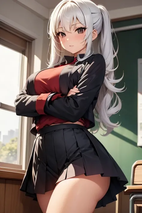 masterpiece, top quality, girl in a black skirt, red sweater, black tights and a jacket, posing in class, White hair, dark eyes, big hips