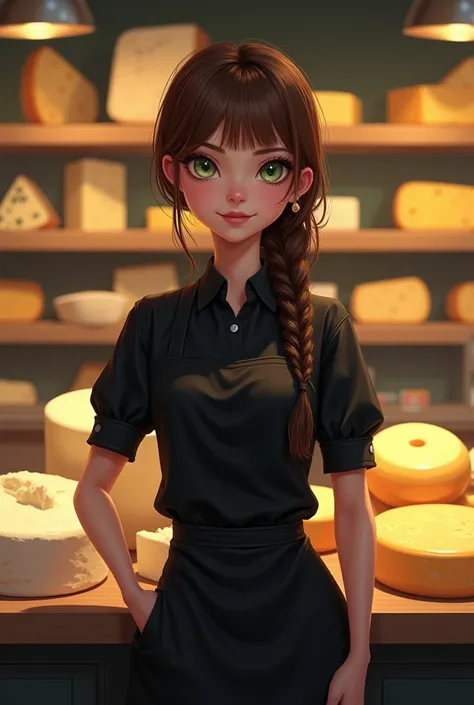 Une fromagères denviron 23ans avec les cheveux long brun avec des couettes tresser et une frange droite elle est habillier toute en noir avec un tablier. Elle est en train de vendre dans sa boutique devant une vitrine de fromage de chevre. La boutique est ...