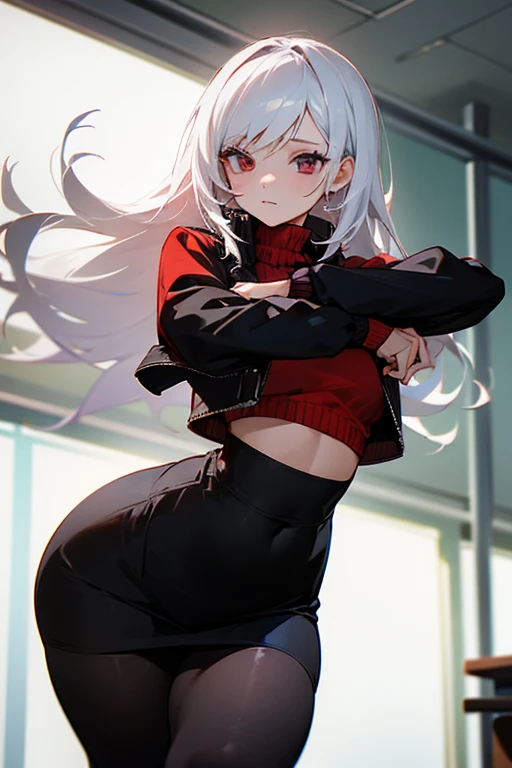 masterpiece, top quality, girl in black tight skirt, red sweater, black tights and a jacket, posing in class, White hair, dark eyes, big hips