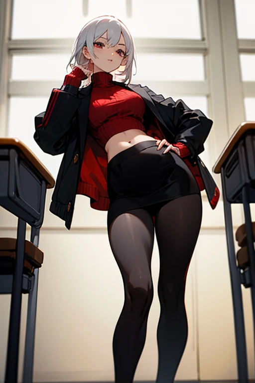 masterpiece, top quality, girl in black tight skirt, red sweater, black tights and a jacket, posing in class, White hair, dark eyes, big hips