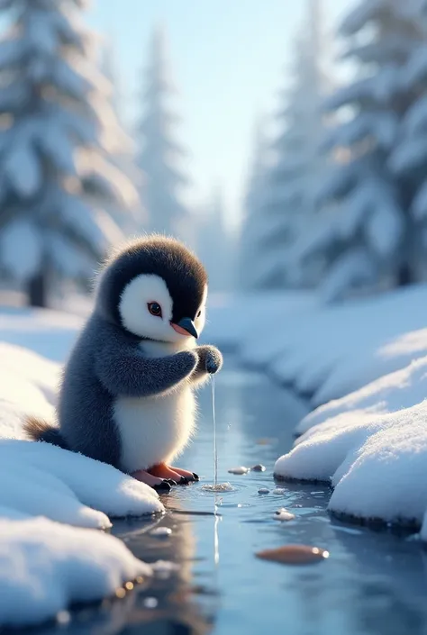 "A heartwarming winter scene whereand a baby penguin.baby penguin drinking water from a stream