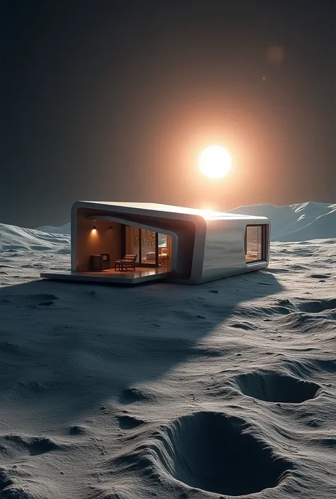 House on moon realistic  with amazing sun view far image