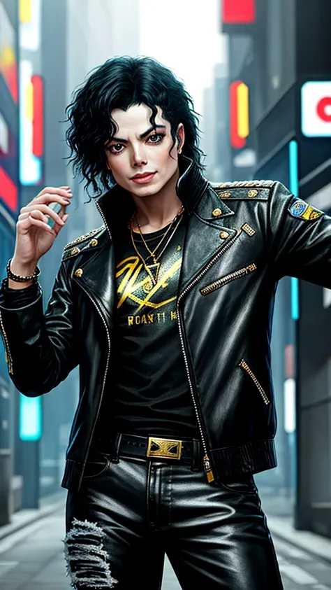 a painting of a Michael Jackson, background, style Cyberpunk 2077, band of gold round his breasts
