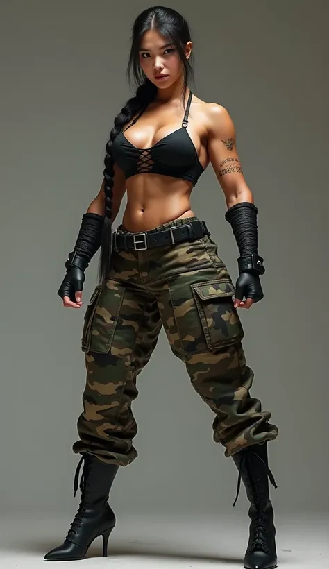 beautiful asian female bodybuilder. shes a soldier with (shredded hard muscles:1.3). (Attack pose:1.5), (victory pose :1.2), muscle arms and forearms, (muscle abs:1.2), biceps flex,she looks angry, arrogant and aggressive,dominatrix ,She is wearing (black ...