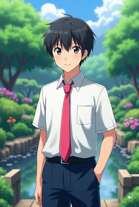 Japnese school boy with white shirt blue pant with pink neck tie  with garden background 