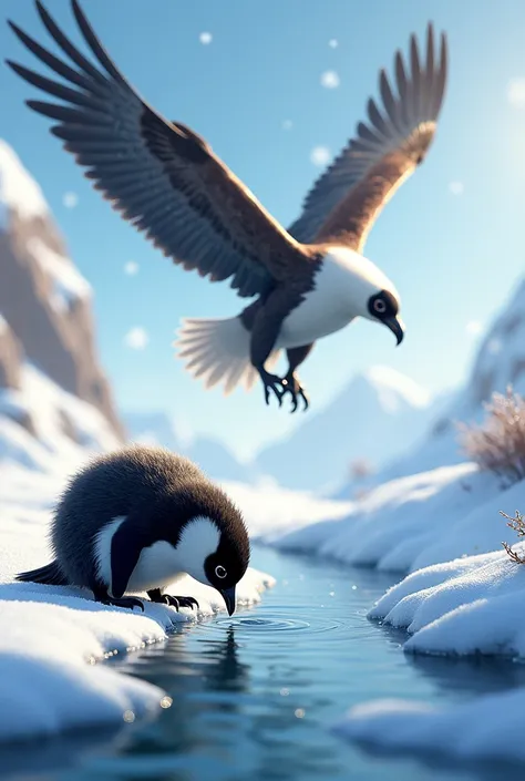 "A heartwarming winter scene whereand a baby penguin.baby penguin drinking water from a stream.Then a eagle flying to him to caught him