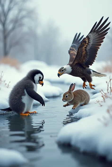 "A heartwarming winter scene whereand a baby penguin.baby penguin drinking water from a stream.Then a eagle flying to him to caught him.When the rabbit saw him run to the baby penguin to save him