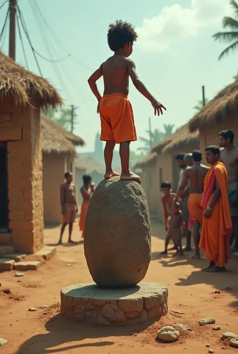 An indian child rudely"stands on " god Shiva lingam" of lord shiva in a village.
