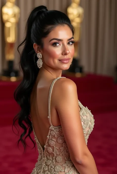 A curvy croatian woman. With a black ponytail, brown eyes and freckles.  HD, Blush, Makeup, sexy vogue dress at the Oscars red carpet