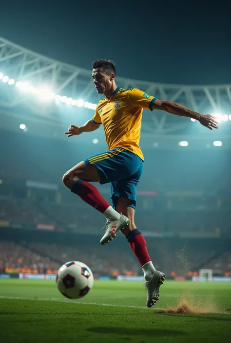 A dynamic photo of Cristiano Ronaldo mid-air, seemingly defying gravity as he leaps to head a ball. The stadium lights create a dramatic atmosphere, highlighting his muscular physique and determined expression.