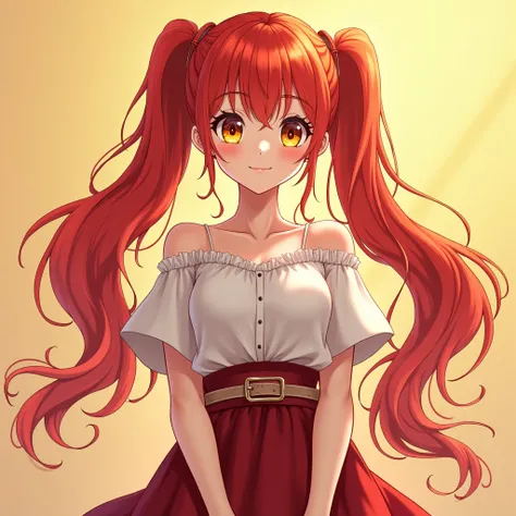 One girl, 20-year-old，Red Hair，Very long hair, Very long twin tails down to the waist，Deep yellow eyes，Big Eyes，drawn eyebrows，Malo eyebrows,Smiling Kindly，Slightly open mouth，White blouse，A high-waisted skirt that is pulled up high to the chest，Skirt hang...