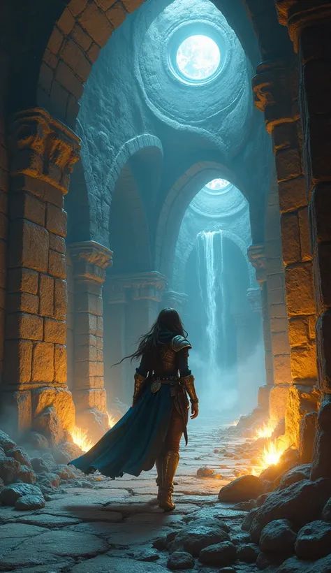 a fantasy dungeon scene with a female adventurer, highly detailed, intricate architecture, dramatic lighting, glowing magical elements, medieval fantasy, rich colors, cinematic composition, masterpiece