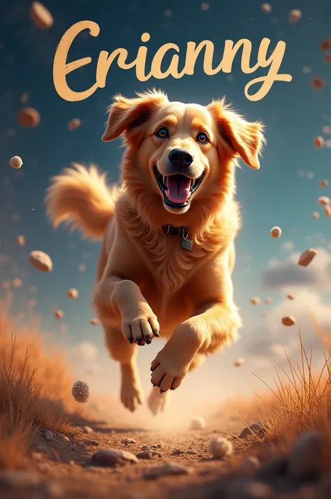 A Golden retriever dog running in realistic space with the name Erianny in the background