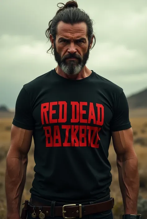 Create a man is wearing a  black t shirt in which written "Tacitus Kilgore " in the font of red dead redemption 2 . 