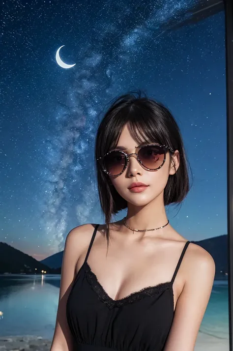 The model is wearing glass sunglasses with stars and the moon on the glass