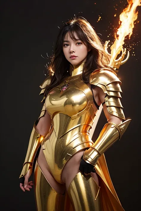 (masterpiece), (Highest quality), (1 girl), Girl in golden armor, Cool pose, Battlefield Background, Flame Background, Saint Seiya Armor, Messy Hair, Broken Armor, Tattered clothes