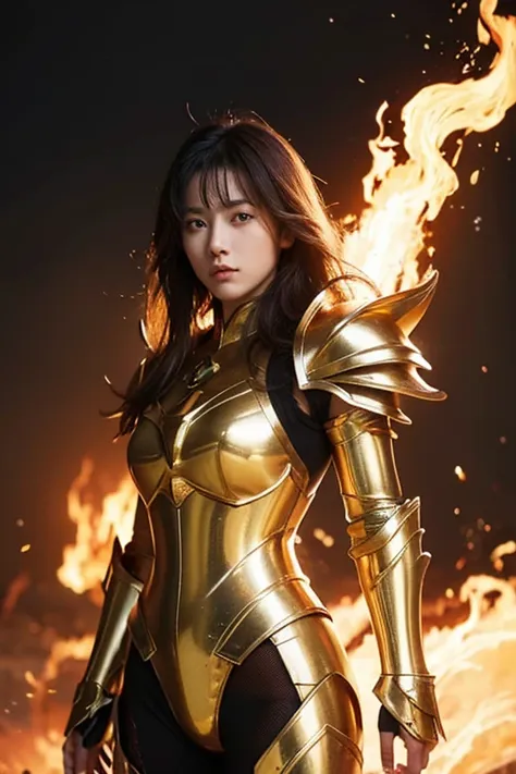 (masterpiece), (highest quality), (1 girl), girl in golden armor, cool pose, battlefield background, flame background, saint sei...