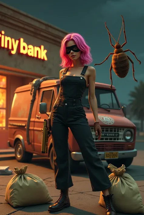 (photorealism:1.2), a bank building with the writing "Tiny Bank". In the foreground a woman in a black overall and eye mask with pink hair. In one hand she carries a baseball bat and in the other hand a golden gun. it&#39;s night. In front of the bank ther...