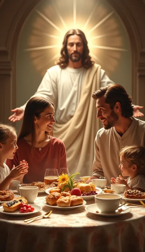 Generate an image of a family having breakfast with a lavish table , and an image of Jesus in the background in the proportion 9 by 16