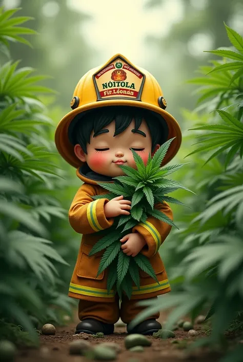 (best quality, 4k, 8k, high resolution, masterpiece: 1.2), ultra-detailed, (realistic, photorealistic, photorealistic: 1.37), fireman hug big cannabis walking through the jungle of cannabis, cute fireman swearing  fireman hat name Lính Cứu Hoả