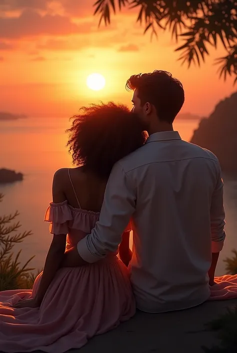 2 beautiful man and women looking at sunset while sitting and woman with beautiful curly hairs has put her head on man shoulder and woman has folded her right hand around man arms 