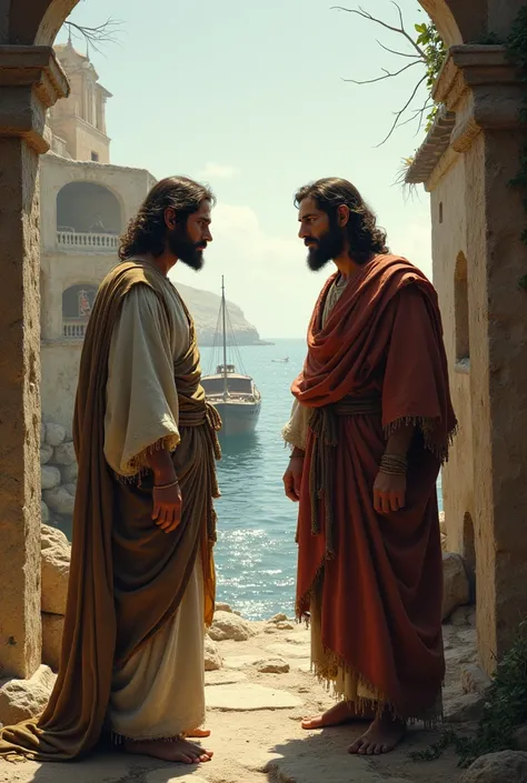 Simon  wearing old ancient cloths  standing near an old ancient sea port and Jesus Christ was standing before him 