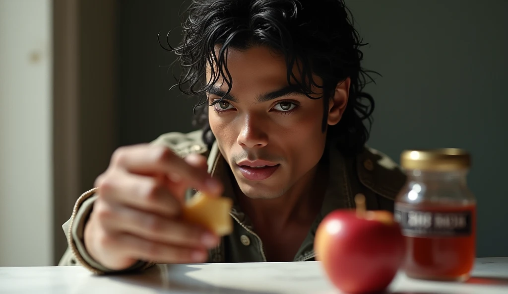 The upper body shot, Michael Jackson sitting facing the front, tries to eat with an apple in his right hand. White table, apple on the table, jam bottle