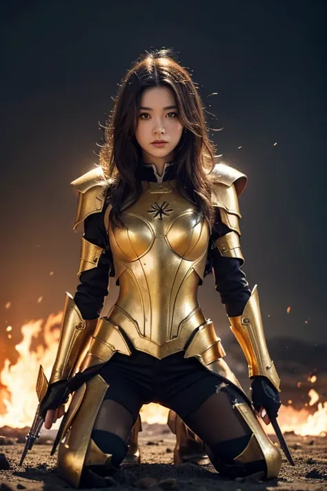 (masterpiece), (highest quality), (1 girl), girl in golden armor, cool pose, battlefield background, flame background, dirty arm...