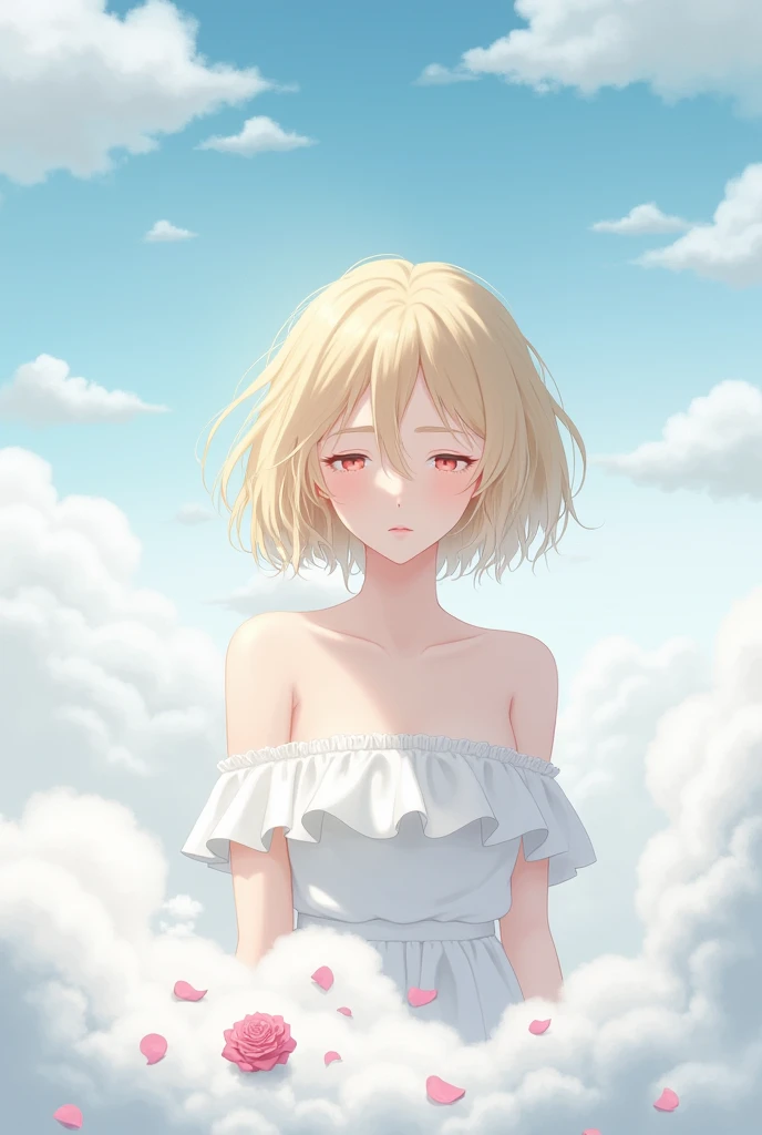 1girl,blonde hair,cloud,closed eyes,flower,sky,solo,rose,artist name,dress,bare shoulders,cloudy sky,parted lips,lips,white dress,short hair,pink rose,petals