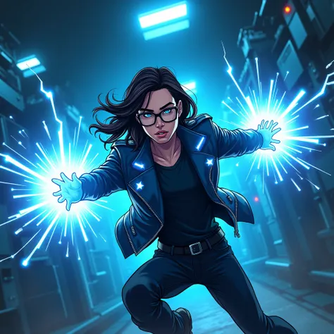  colorful comic-style scene with a superhero unleashing an energy blast in a futuristic high-tech lab environment. The character has long hair and is wearing black glasses. wearing a sleek, leather jacket with glowing accents. They are mid-action, with arm...