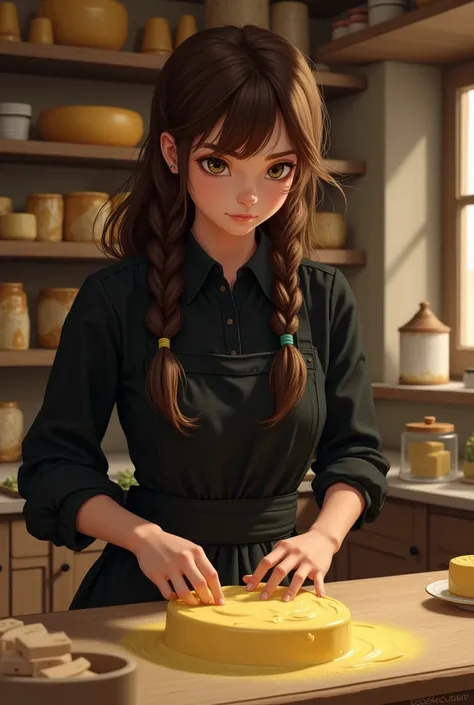 A young French woman cheesemaker long brown hair with two braids bangs she is in her shop beating butter she has brown green eyes she is dressed all in black with a black apron All in a realistic style
