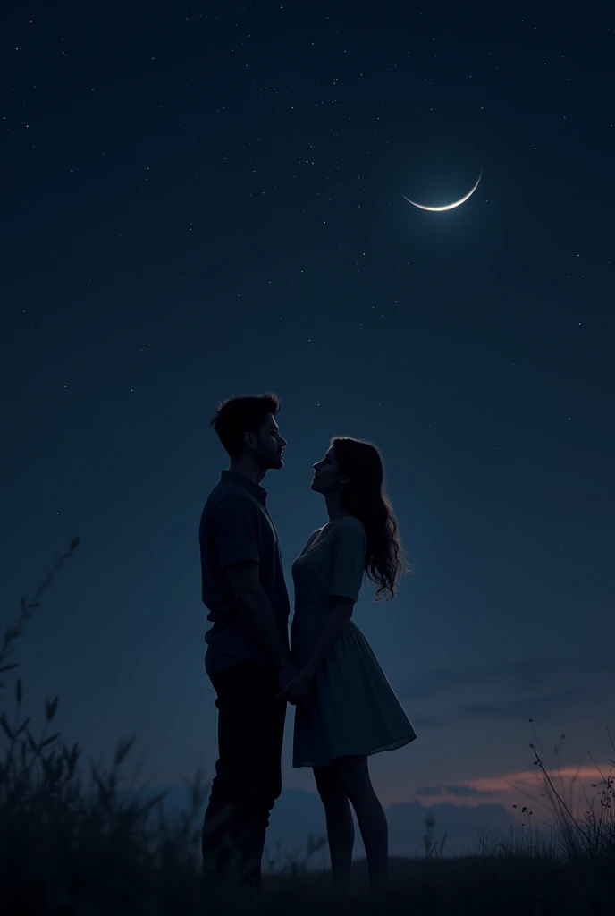 Couple holding hands 3d looking at sky in night