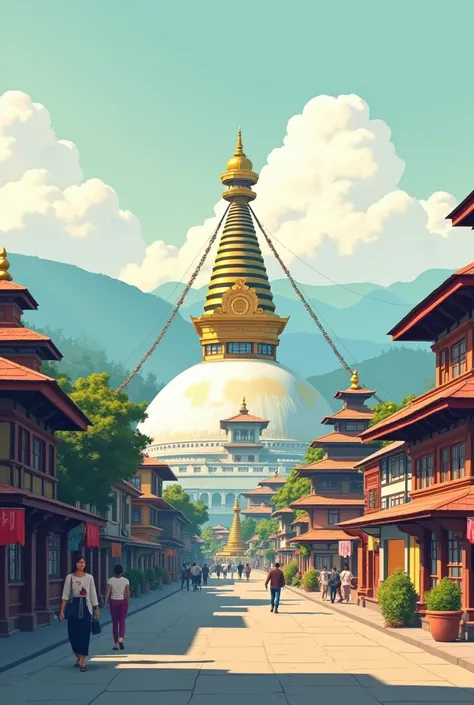 kathmandu city as a classy animated wallpaper with less people. Include dharhara, pashupatinath, boudhanath, and vintage houses