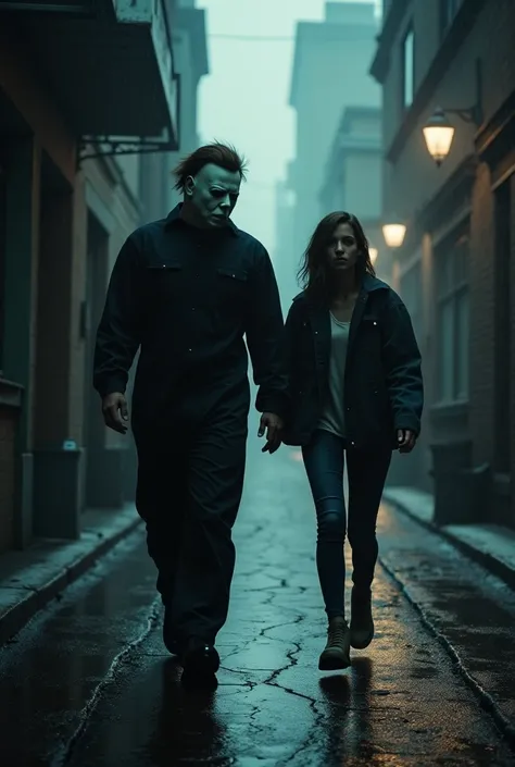 Michael Myers, dressed in his famous white mask, stalking a teenage girl in a dark street.