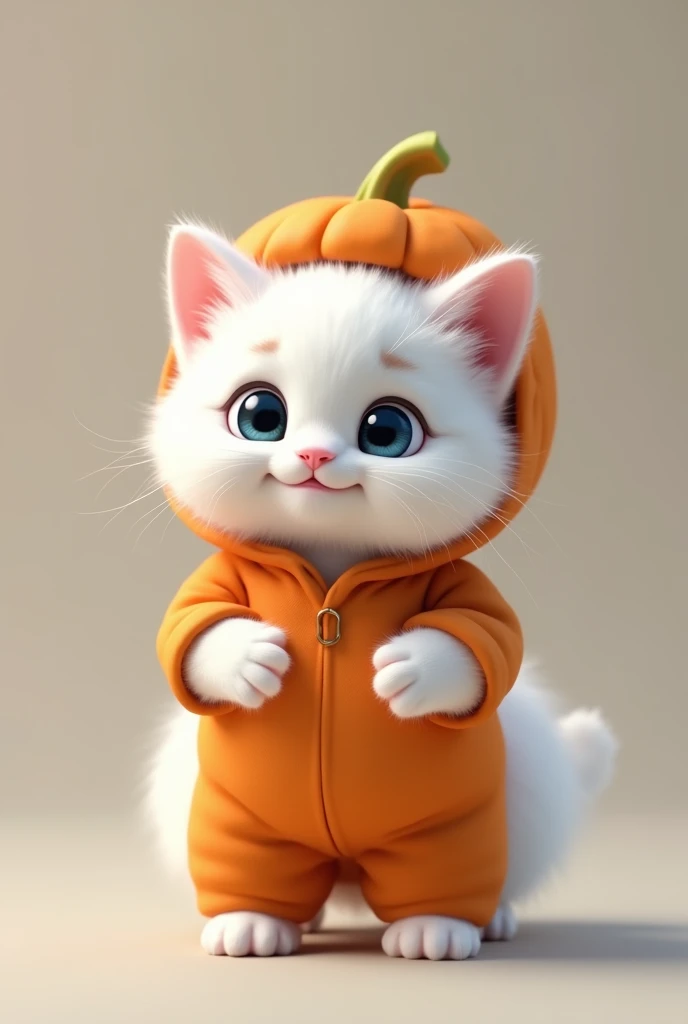 Realistic, 8K, a cute kitten standing on two legs, with fluffy pure white fur and big blue eyes, slightly smiling. It is wearing a Halloween-themed outfit and a pumpkin hat."