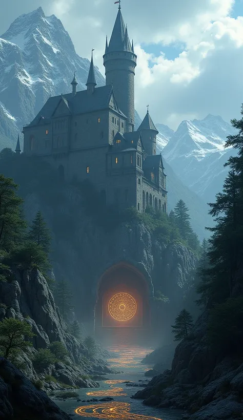 a fantasy landscape,medieval fantasy castle,dark dungeon interior,ancient ruins,glowing magical orbs,mystical glowing runes,craggy mountains,dense forests,moody lighting,dramatic shadows,epic cinematic composition,highly detailed,unreal engine,8k,3d render...