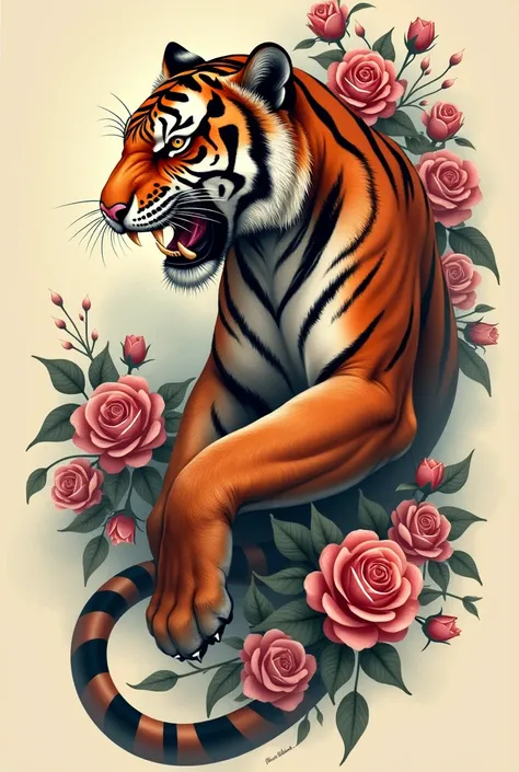 A tiger tattoo in roses 