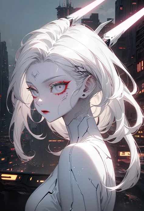 (Artistic Film Lighting:1.2)(Highest quality,Very detailed,High resolution:1.2),Albino beauty，gray bangs，Long eyelashes, Cool look, Soft Skin,Exquisite makeup,Horror movie-like background of a futuristic cyberpunk city.