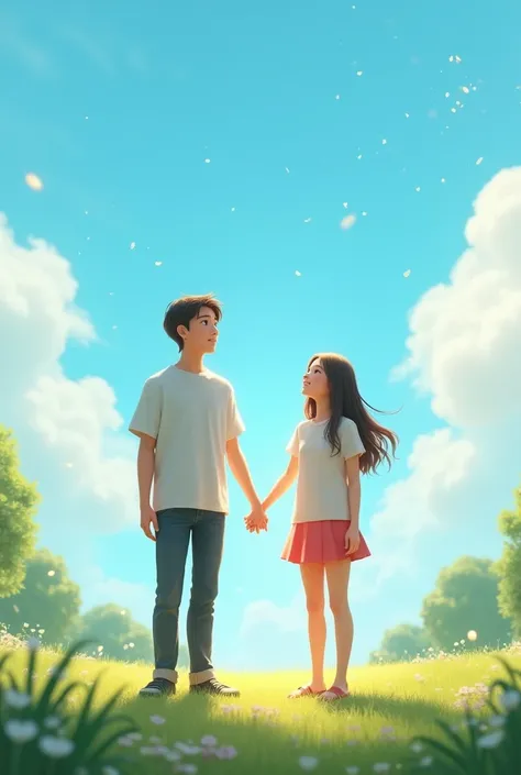 Realistic couple holding hand looking at sky in day time in 3d cute 