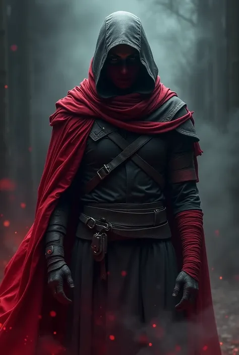 A thief in black armor and a red cape and red bandages without a helmet, a wine red arm, with an aura that emanates from the soft red color