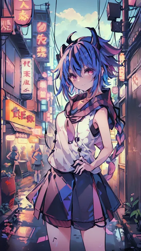 masterpiece, highest quality, high resolution, very detailed,(((mikoto naruka))), (((neon sign)))、(((alley)))、(((smile)))、(((sta...