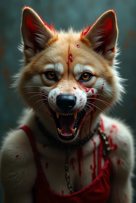 Front view of a furry girl tied up and muzzled growling angery covered in blood