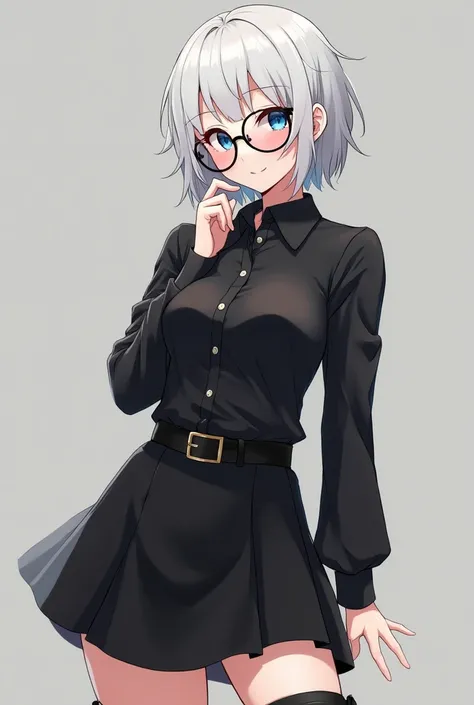 A 1 girl with a csexy figure, big breasts and thick thighs. He has blue eyes and wears transparent circular glasses. His hair is white, semi-short and disheveled. She is dressed in a black blouse, a black skirt and boots. ahegao face and cum on tits