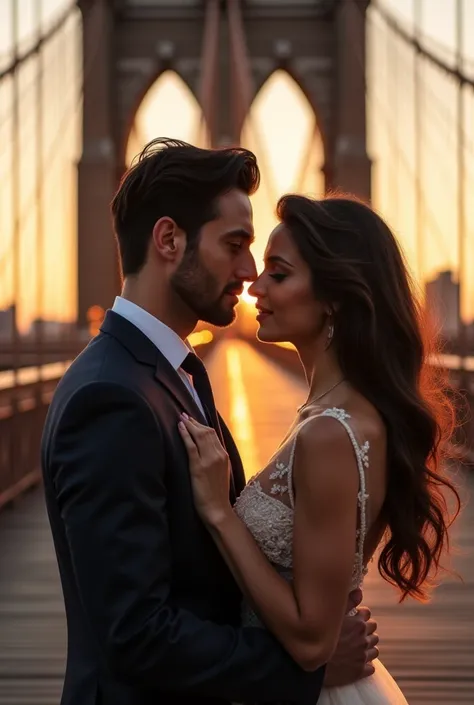 The image shows a couple standing on what appears to be the Brooklyn Bridge. They are locked in an intimate, tender embrace, gazing deeply into each other’s eyes. The man, dressed in a dark blue suit, has a strong, chiseled jawline, a neatly trimmed beard,...